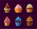 Cupcakes isolated illustration, cakes graphic design in different colors,